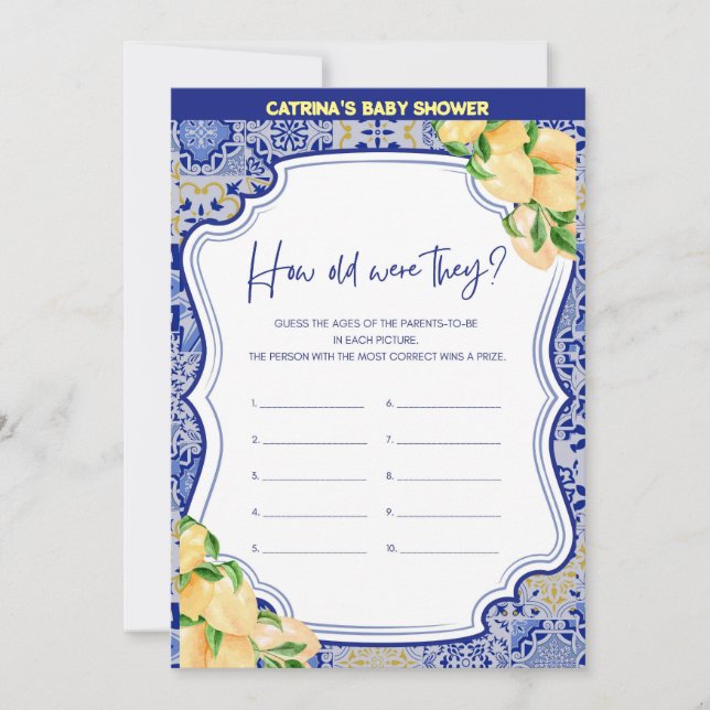 Convite Chá de fraldas Azulejos Azul-Limão - Nome Editável (Frente)