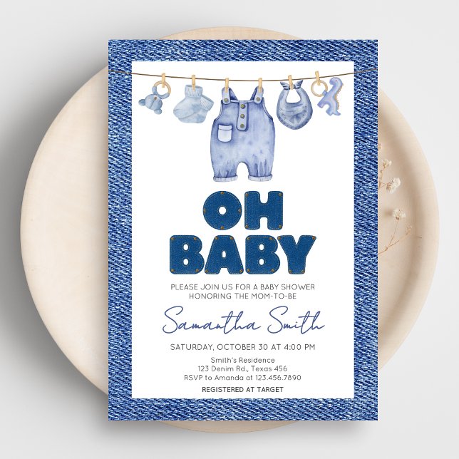 Convite Chá de fraldas Baby Blue Jean Denim (Blue Jean Denim Baby Shower Invitation)
