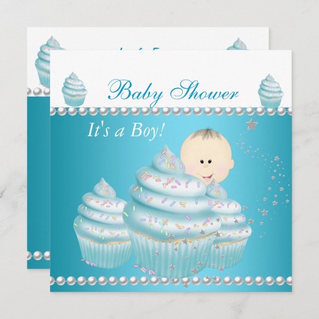 Convite Chá de fraldas Baby Boy Blue Cupcake Sprinkle (Frente/Verso)