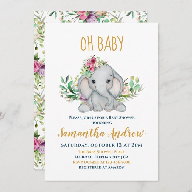 Convite Chá de fraldas Baby Elephant and Flowers (Frente/Verso)