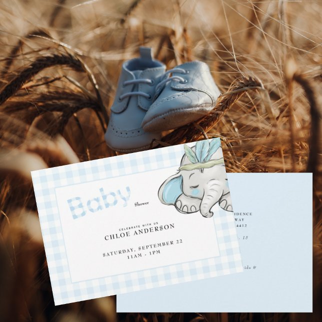 Convite Chá de fraldas Baby Elephant Blue Gingham (Criador carregado)