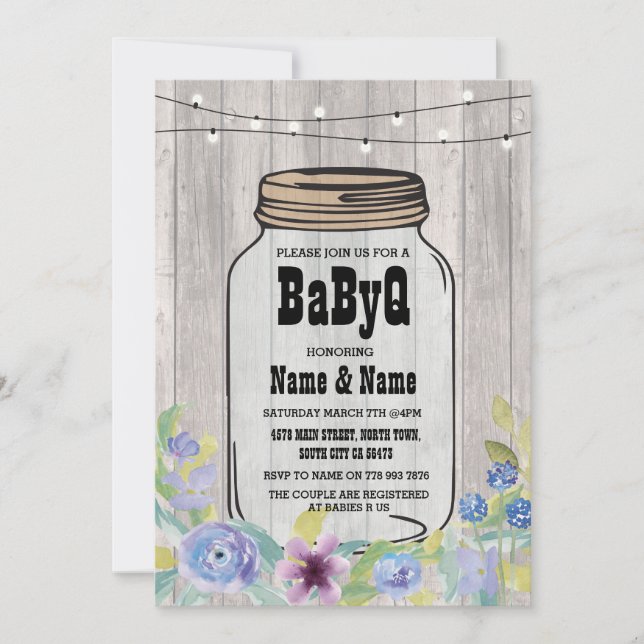 Convite Chá de fraldas BaByQ Jar StringLights Wood Invite (Frente)