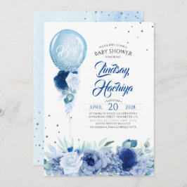Convite Chá de fraldas Balão de Silver Floral Azul
