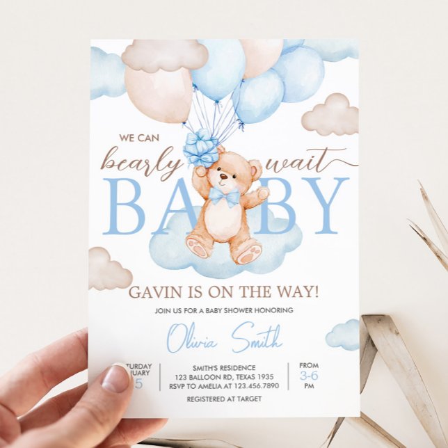 Convite Chá de fraldas Balão de Urso Azul (Blue Bearly Wait Baby Bear Balloon Baby Shower Invitation)