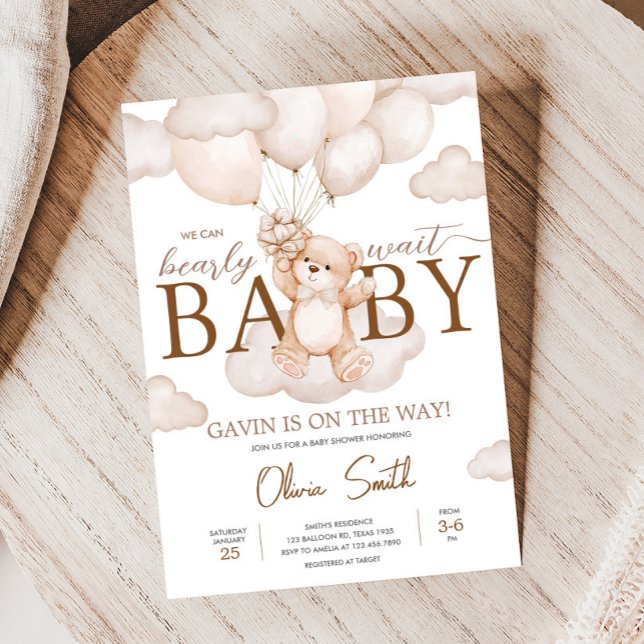 Convite Chá de fraldas Balão de Urso Bebê Castanho (Brown Bearly Wait Baby Bear Balloon Baby Shower Invitation
)