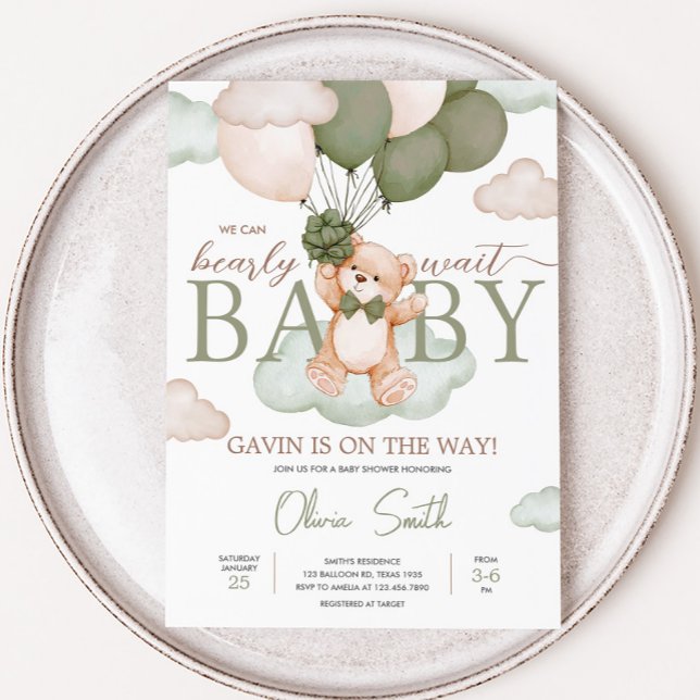Convite Chá de fraldas Balão de Urso Verde (Green Bearly Wait Baby Bear Balloon Baby Shower Invitation
)
