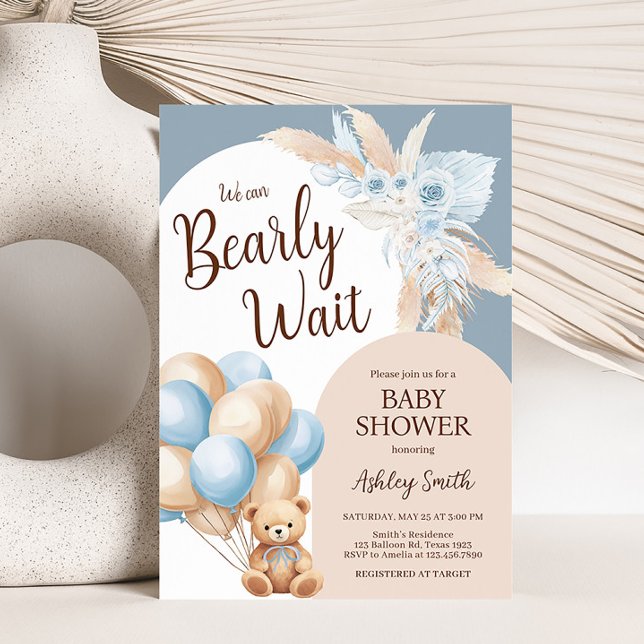 Convite Chá de fraldas Balão do Urso Azul (Boy Bear Arch Balloon Baby Shower Invitation)