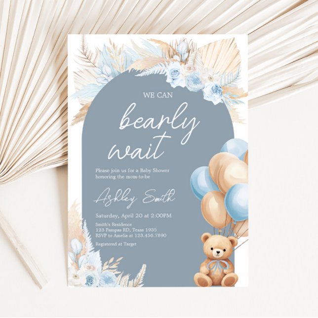 Convite Chá de fraldas Balão do Urso Azul Boho (Sage Blue Balloons Baby Shower Invitation)