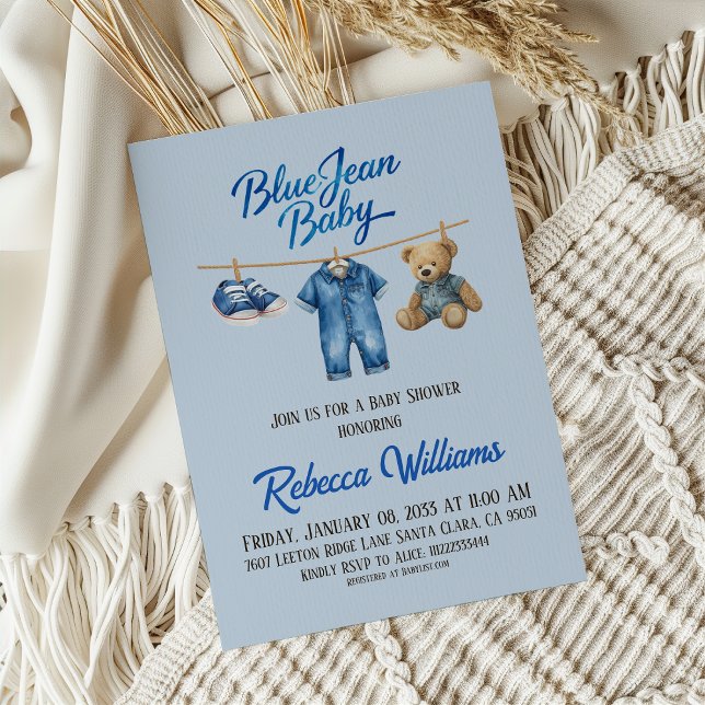 Convite Chá de fraldas Bear Clothesline Blue Jean Baby Den (Criador carregado)