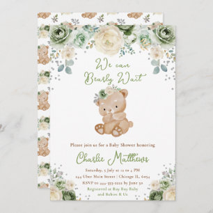 Convite Chá de fraldas Bear Sage Green e Ivory Flowers