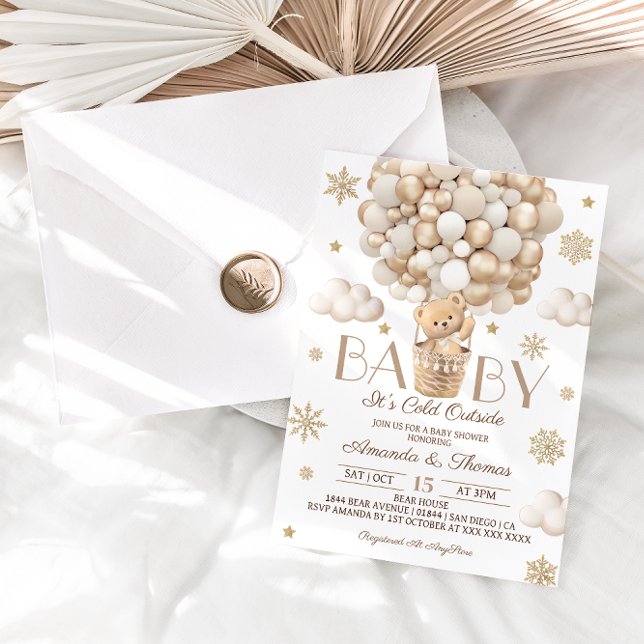 Convite Chá de fraldas Bear Winter Snowflakes & Balloons (Criador carregado)