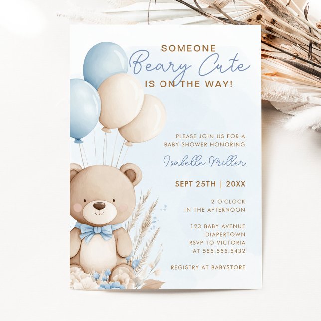 Convite Chá de fraldas Beary Cute Blue Balloon Teddy Bear  (Criador carregado)