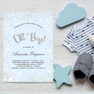 Convite Chá de fraldas bebê azul, menino prateado, brilho