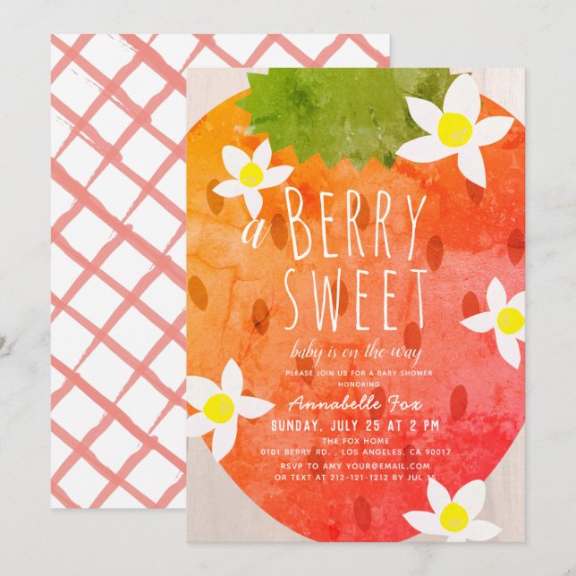 Convite Chá de fraldas Berry Sweet Strawberry Girl (Frente/Verso)