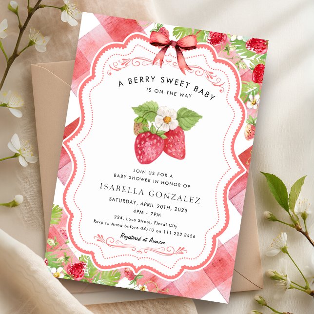 Convite Chá de fraldas Berry Sweet Strawberry Red Gingham (Berry Sweet Strawberry Red Gingham Baby Shower Invitation)