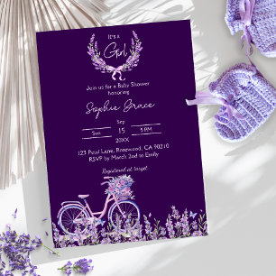 Convite Chá de fraldas Bicicleta de Lavanda Floral Roxo