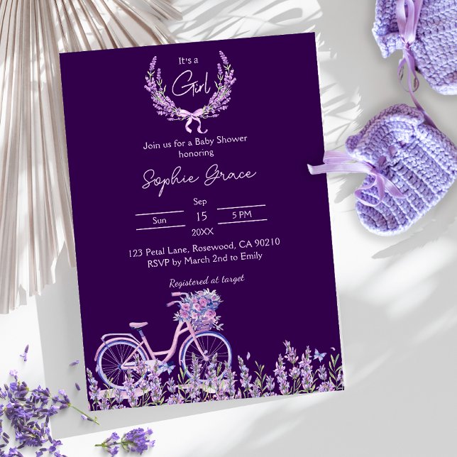 Convite Chá de fraldas Bicicleta de Lavanda Floral Roxo (Criador carregado)