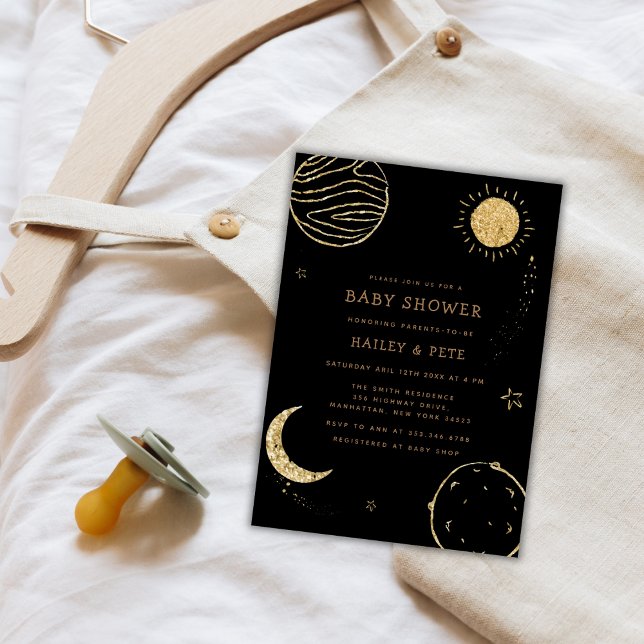 Convite Chá de fraldas Black Dourado Galaxy Moon Star Boy (Black Gold Galaxy Moon Star Boy Baby Shower Invitation)