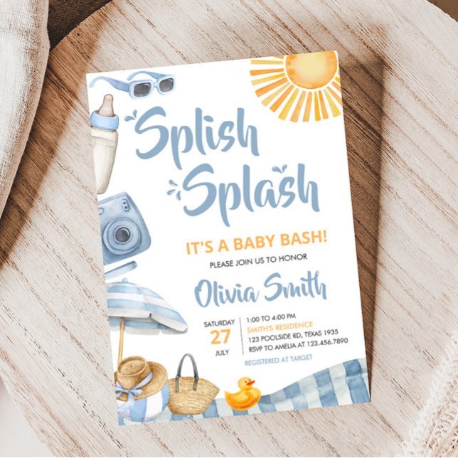 Convite Chá de fraldas Blue Beach Summer (Boy Splish Splash Baby Shower Invitation)