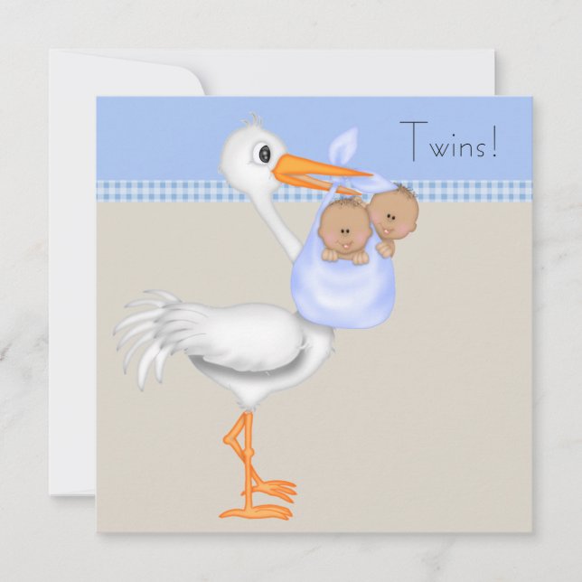 Convite Chá de fraldas Blue Beige Gingham Stork Twin Boy (Frente)