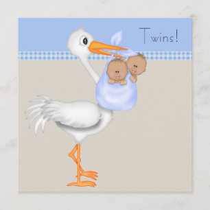 Convite Chá de fraldas Blue Beige Gingham Stork Twin Boy