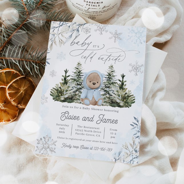 Convite Chá de fraldas Blue Boy do Urso de Inverno Flocos  (Criador carregado)