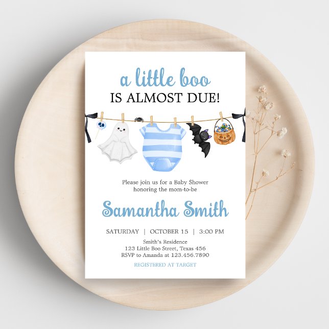 Convite Chá de fraldas Blue Little Boo (Boy Little Boo Halloween Clothesline Baby Shower Invitation)