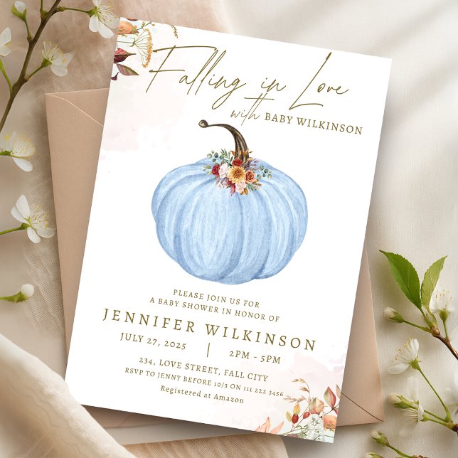 Convite Chá de fraldas Blue Pumpkin Boy (Fall in Love Blue Pumpkin Boy Baby Shower Invitation)