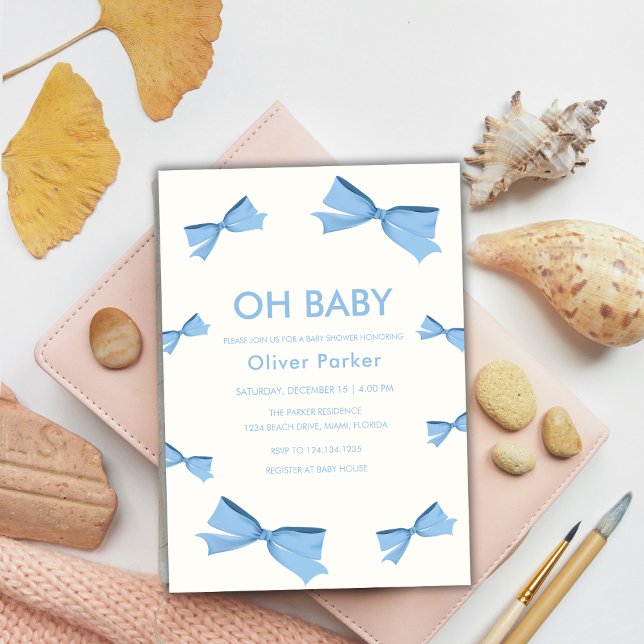 Convite Chá de fraldas Blue Simple Frame Boy (Blue Simple Bow Frame Boy Baby Shower Invitation)