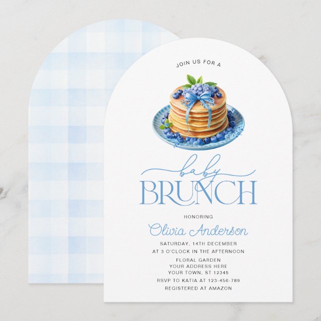 Convite Chá de fraldas Blueberry de Pancake Baby Brunch (Frente/Verso)