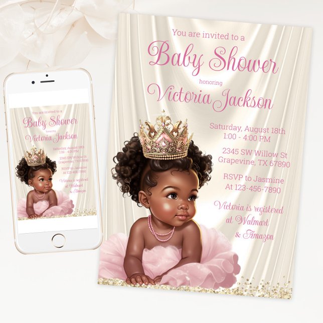 Convite Chá de fraldas Blush Dourado African Princess (Pink and gold tutu princess baby shower invitation for print and digital download.)