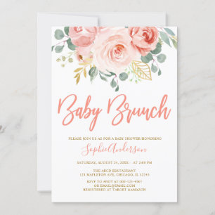 Convite Chá de fraldas Blush Dourado Floral Bebê Rosa Brun