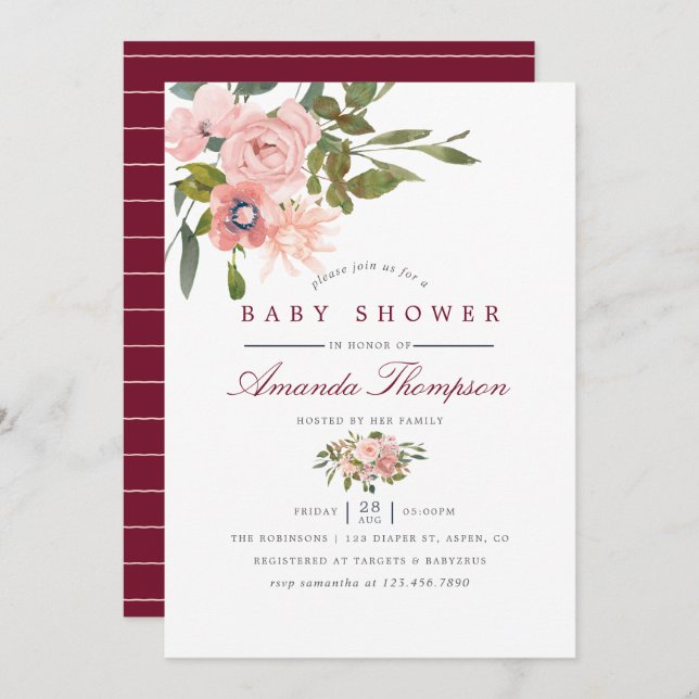 Convite Chá de fraldas Blush e Borgonha floral com aquarel (Frente/Verso)