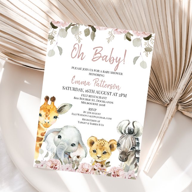 Convite Chá de fraldas Blush Floral Eucalyptus Safari (Girls safari themed baby shower invitation featuring four cute animals and blush floral arrangements)