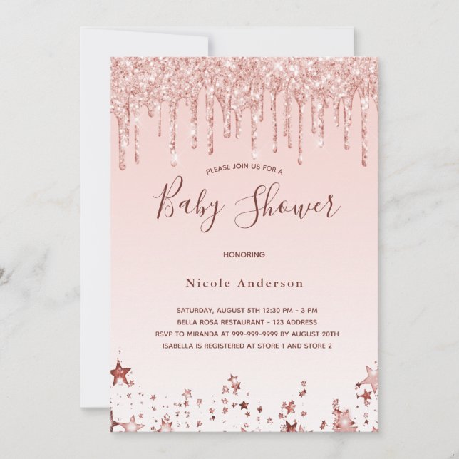 Convite Chá de fraldas blush rosa dourado estrelas (Frente)