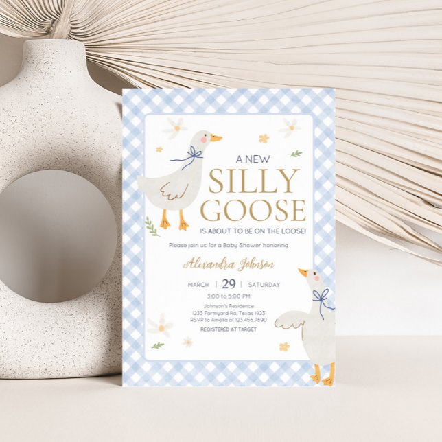 Convite Chá de fraldas Bobo Goose Gingham (Blue Gingham Silly Goose Baby Shower Invitation)