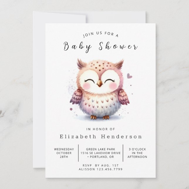 Convite Chá de fraldas Bohemian Chic Owl (Frente)