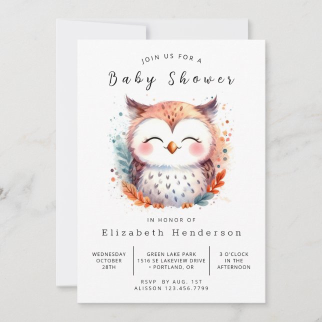 Convite Chá de fraldas Bohemian Classic Owl (Frente)