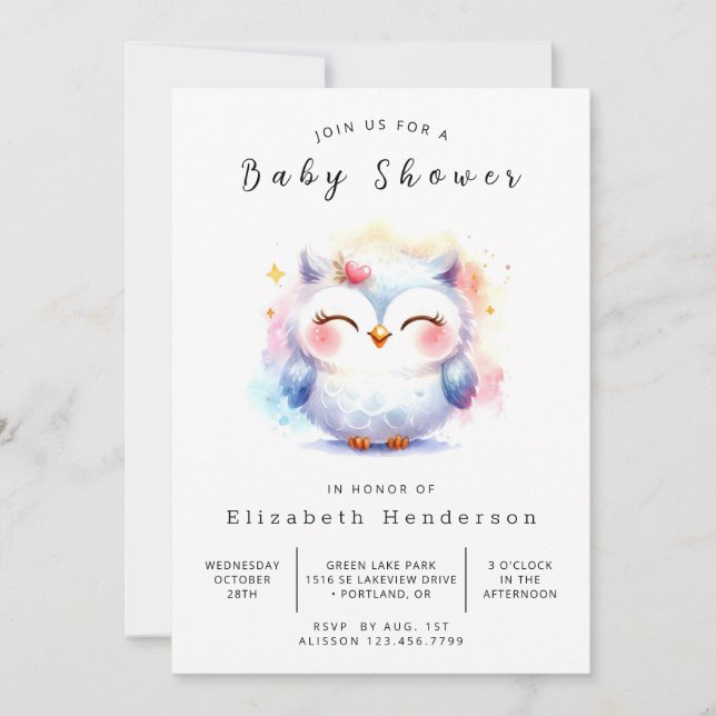 Convite Chá de fraldas Bohemian Pastel Owl (Frente)