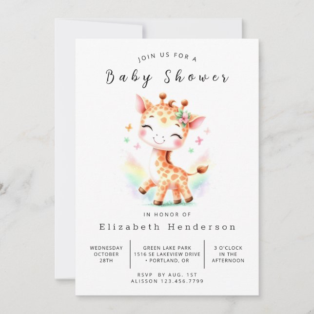 Convite Chá de fraldas Bohemian Printable Giraffe (Frente)