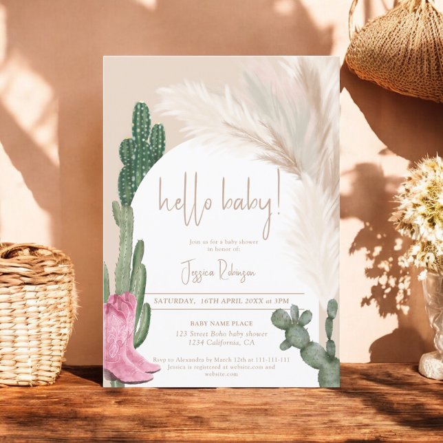 Convite Chá de fraldas Boho cactus pampas arca (Boho cactus pampas arch hello baby shower invitation)