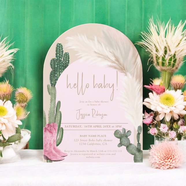 Convite Chá de fraldas Boho cactus pampas arca (Boho cactus pampas arch hello baby shower invitation)