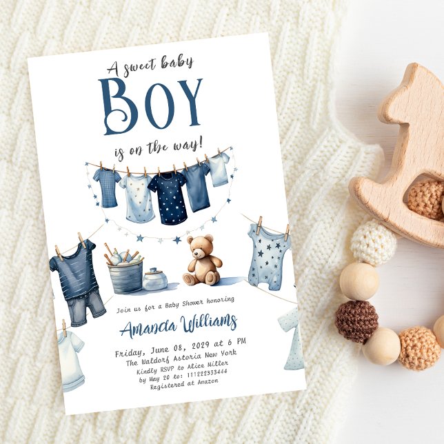 Convite Chá de fraldas Boho Clothesline Blue Sweet Boy (Criador carregado)