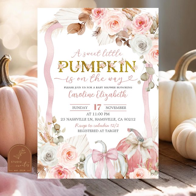 Convite Chá de fraldas Boho Coquette Pumpkin Rosa (Criador carregado)