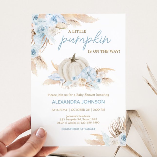 Convite Chá de fraldas Boho Dusty Blue Pumpkin (Boy Little Pumpkin Baby Shower Invitation)