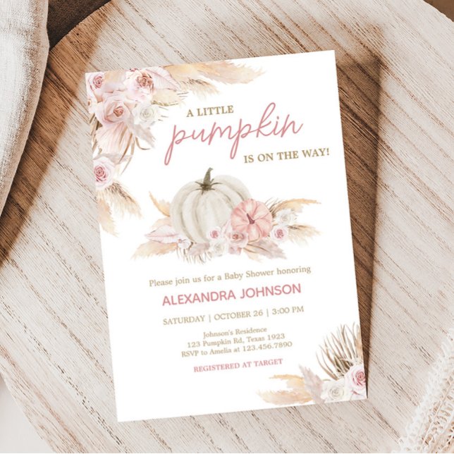 Convite Chá de fraldas Boho Dusty Rosa Pumpkin (Pink Floral Pumpkin Baby Shower Invitation)