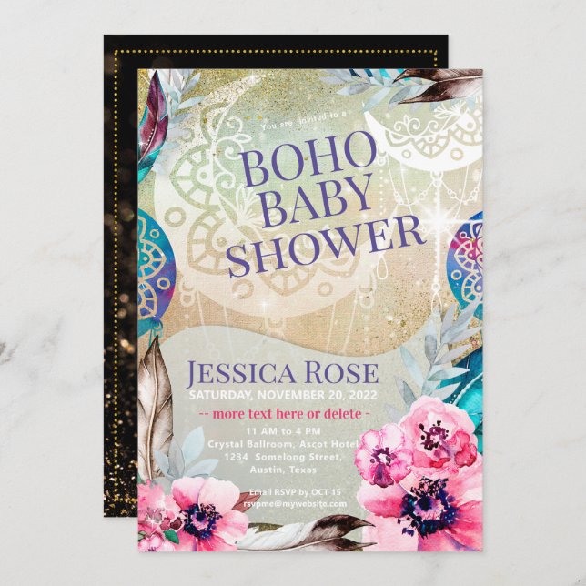 Convite Chá de fraldas Boho Moon Mama (Frente/Verso)