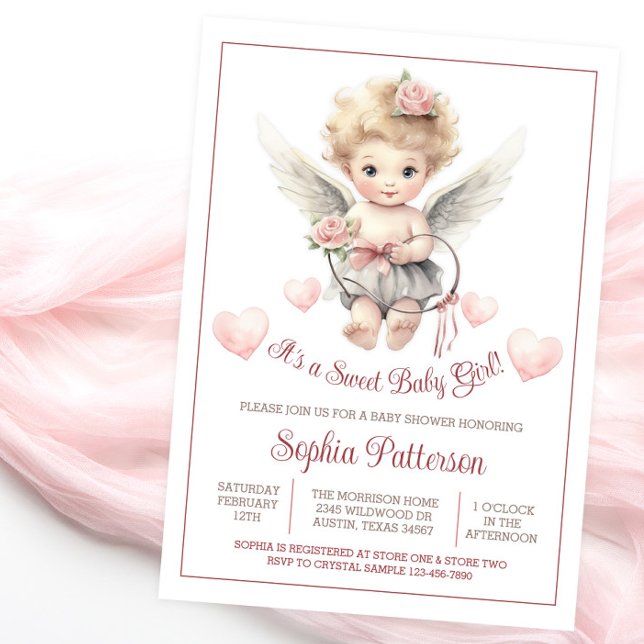 Convite Chá de fraldas Boho Namorados Sweetheart Cherub (Sweet angel cherub baby shower invitation.)