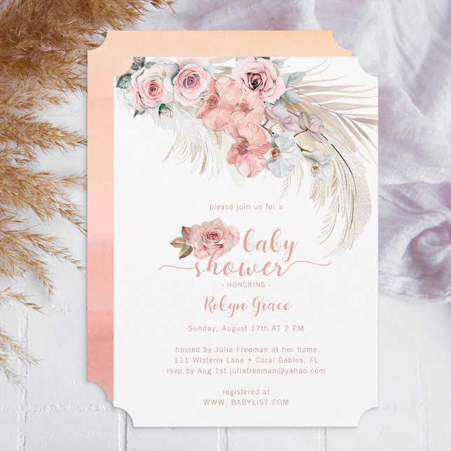 Convite Chá de fraldas Boho Pampas Convide Blush Floral (Boho Floral Baby Shower Invite)