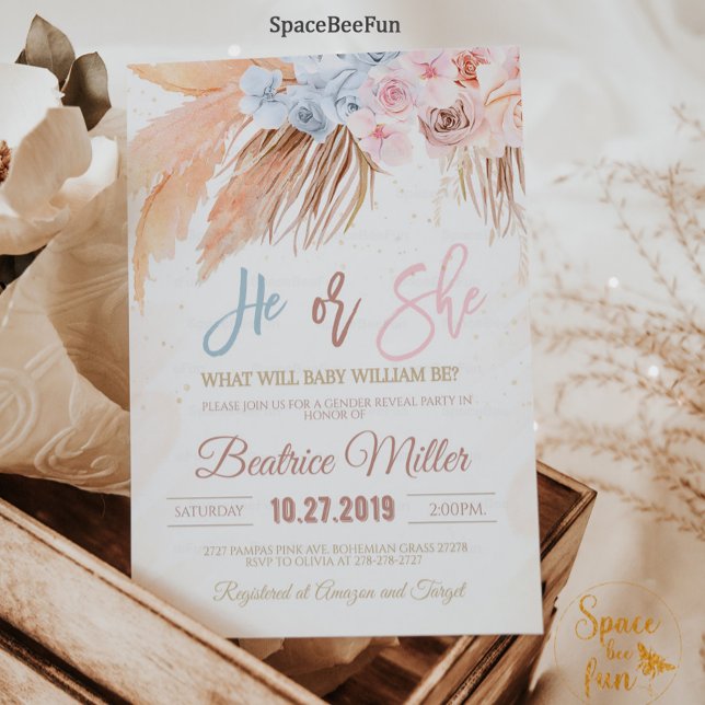 Convite Chá de fraldas Boho Pampas Grass Gênero revela con (Boho Pampas Grass Baby Shower He or She Invitation Boy Girl Bohemian Tropical Gold Invites )